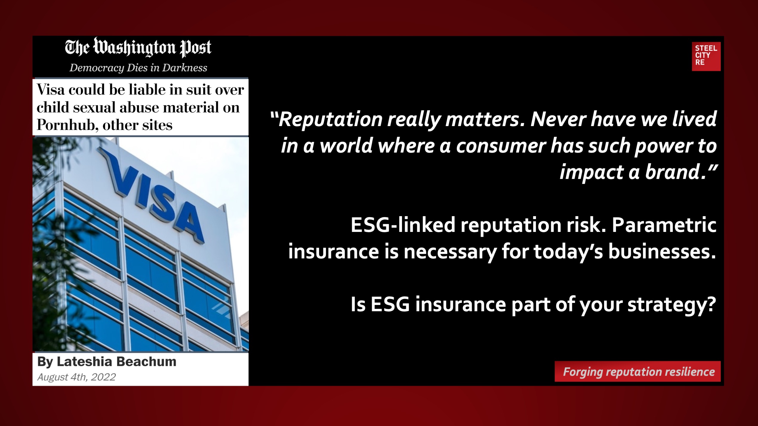 ESG-linked reputation risk. Parametric insurance is a necessary element for today’s businesses.