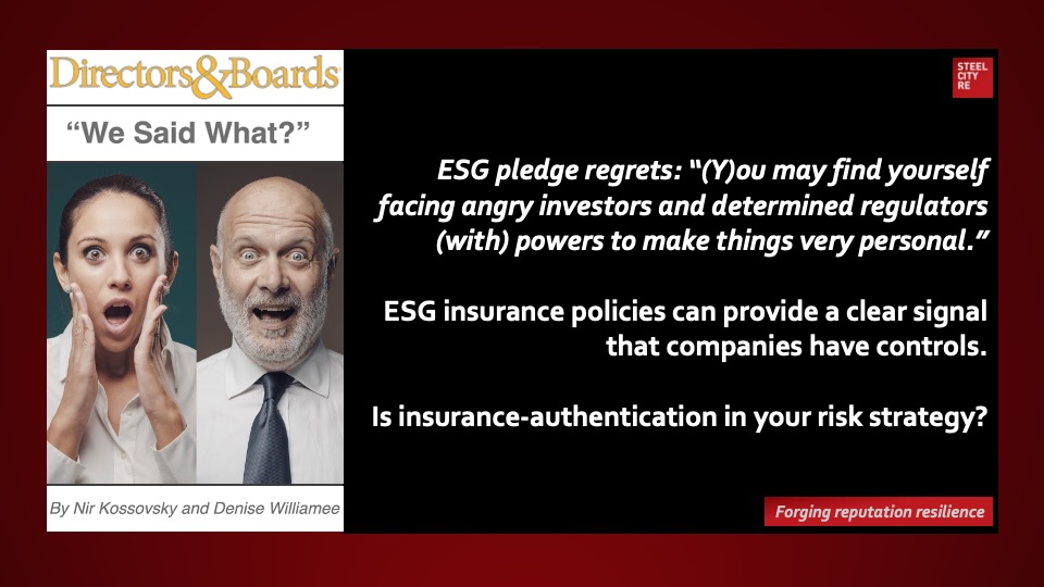 ESG rhetoric pledge regrets. “You may find yourself facing angry investors and determined regulators (with) powers to make things very personal.”