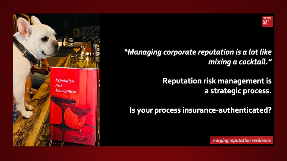 Managing corporate reputation is a lot like mixing a cocktail. Both activities embody the same mission-critical principles: authenticated thoughtful risk management and dutiful governance over everything that is mission critical. Everything in the process is #strategic. At the tactical level, the process begins by understanding what stakeholders expect; and understanding that an effective risk management system comprises risk education and threat intelligence, management, and transfer processes (aka insurance) involving the entire enterprise risk management apparatus bounded by the organizations capabilities.