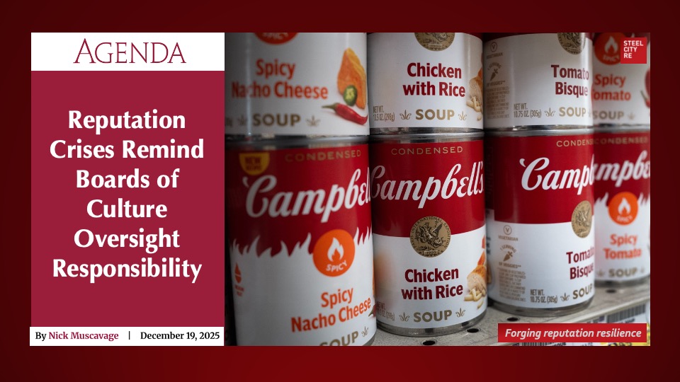 The issue at Campbell's is neither one of compliance nor enterprise risk management, but rather one of reputation risk governance. The question is therefore how did reputation resilience become so impaired that that one-year old stupid comment by an allegedly impaired senior executive, then into his 5th month of employment, exposed weak governance, reputation risk management, and reputation crisis management?